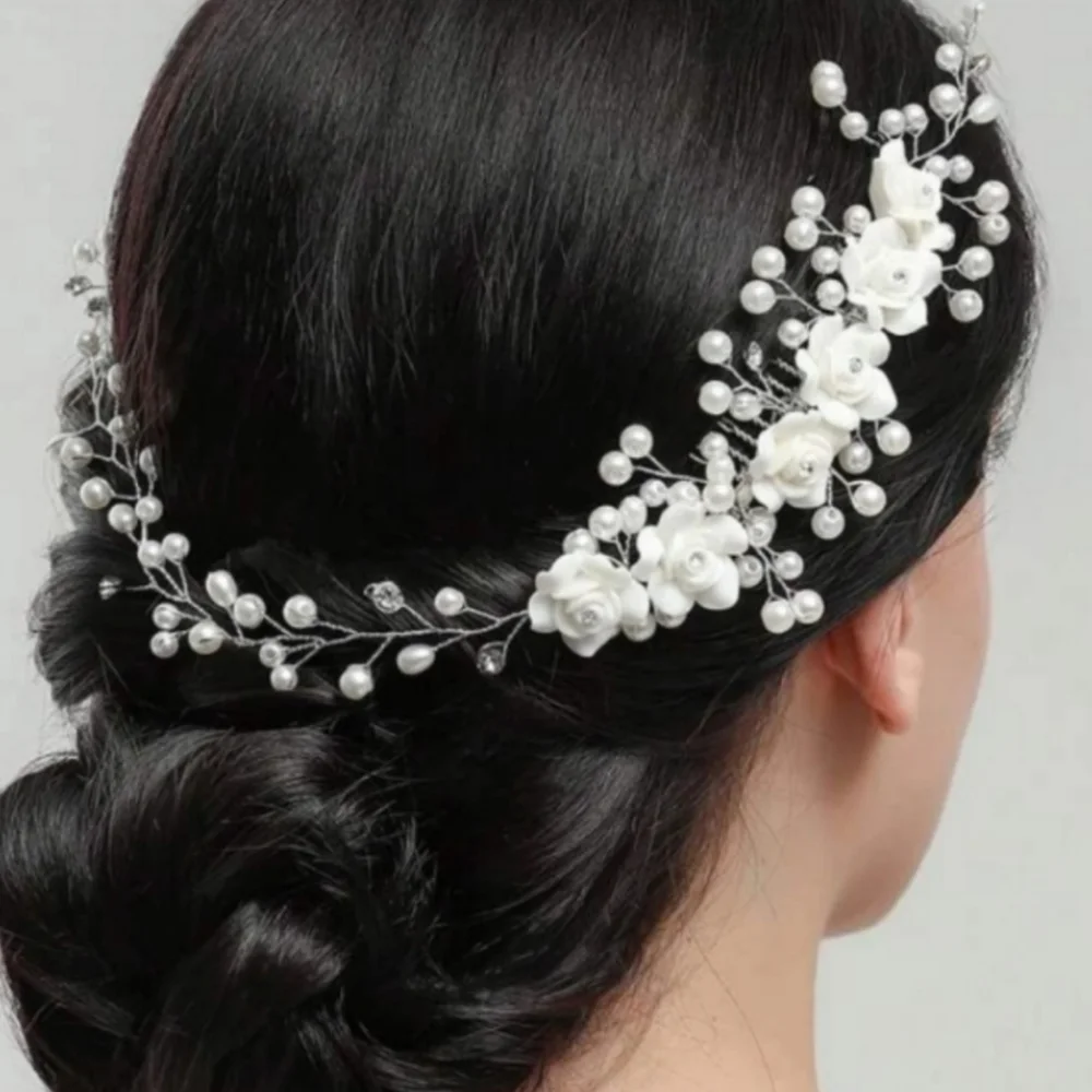 Bridal wedding hair accessory headband crown white roses and Rhinestones